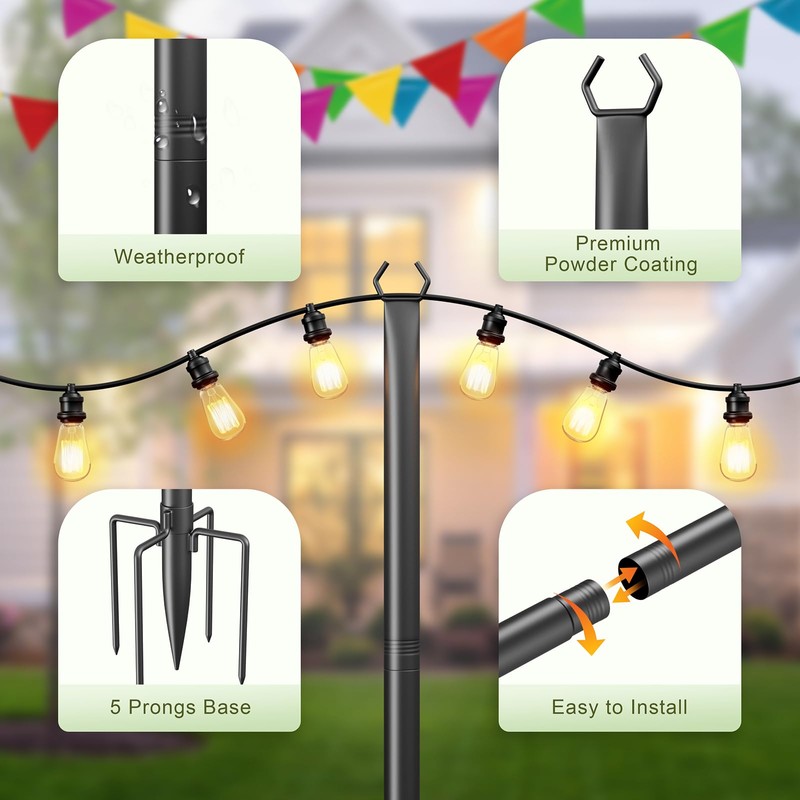 Jusgym String Light Poles for Outside, 10ft Adjustable Metal Poles
