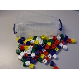100 plug-in cubes 5 colours (red, yellow, green, blue, white) in a practical box, 1.7 cm, can be plugged in on all sides