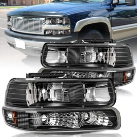 Aosky Headlight Assembly with bumper lights 4pcs Fits for 1999-2002 Chevy Silverado&2000-2006 Chevy Tahoe Suburban, Black Housing with Amber Reflector