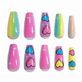 MISUD Coffin Press on Nails Long Fake Nails Glossy Glue on Nails Colorful Ombre Acrylic Nail Supplies Ballerina Artificial Nail Art Rainbow Heart Stick on False Nails with Design DIY 24 pcs