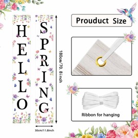AIBIIN Hello Spring Porch Banner Sign Decorations Spring Door Front Door Decorative Hanging Floral Butterfly Banner Porch Decorations Outdoor for Home Office Holiday 70.8x11.8 inch