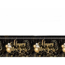 Dusenly Black Gold Happy New Year Tablecloth Plastic Disposable New Year's Eve Party Table Covers for New Year Party Decorations 42.5 * 70.8inch