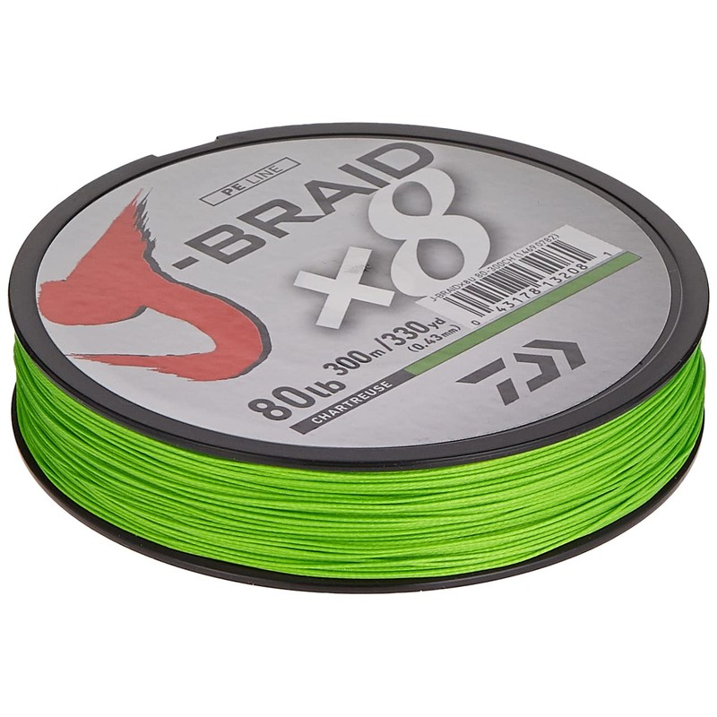Daiwa J-Braid 300M 8-Strand Woven Round Braid Line, Chartreuse, 10
