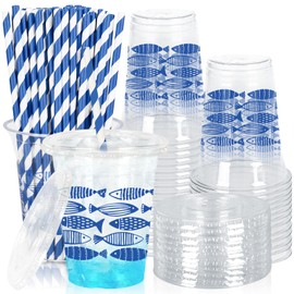 50 Pcs Blue Ocean Fish Plastic Cups with Lids and Straws 12 Oz Clear Drinking Cups Under The Sea Fish Disposable Cup for Summer Birthday Holiday Party Supplies
