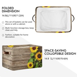 Vintage Sunflower Wooden Storage Basket Bins Large Fabric Storage Cube Box with Handles Collapsible Closet Shelf Cloth Organizer Baskets for Shelves Nursery Bedroom Bathroom Laundry Room Decor