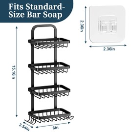 4 Tier Soap Bar Holder for Shower, Aluminum Wall Mounted Rustproof Soap Holder with 4 Hooks and Razor Holder, Shower Rack Soap Tray Bar Soap for Bathroom Accessories Organizer Black