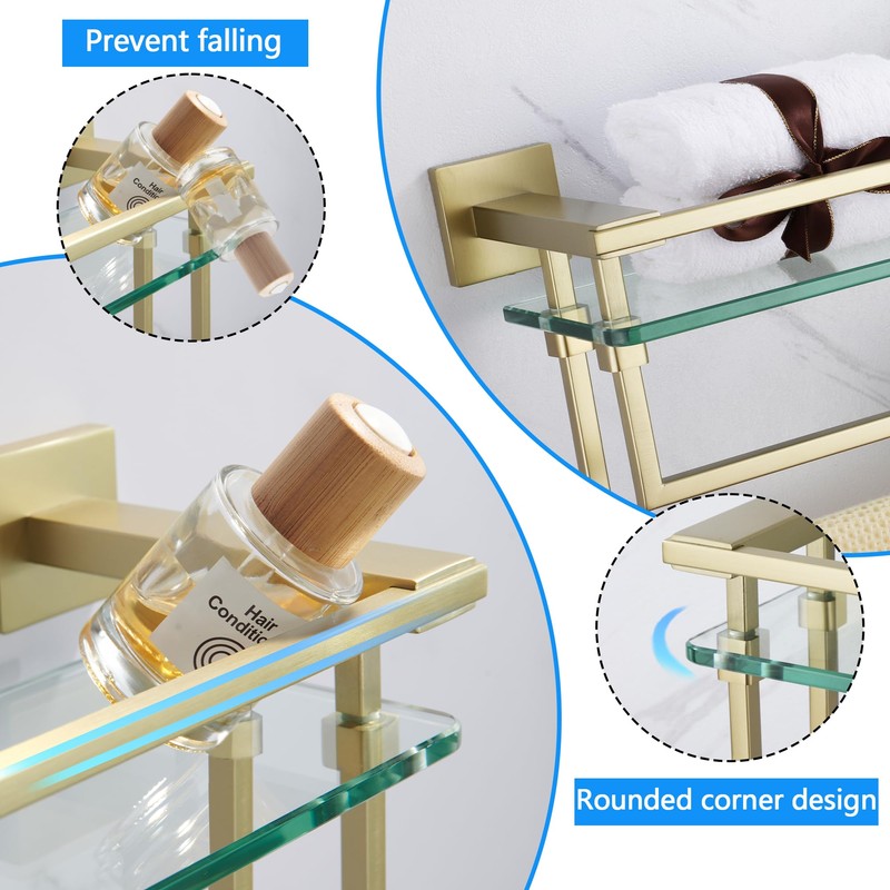 LANC Bathroom Glass Shelf with Towel Bars 20-Inch Floating Tempered