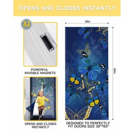 Hokiten Screen Door 38"x83" Blue Butterfly Door Screen Magnetic Closure, Yellow Navy Blue Butterfly Art Hands Free Magnetic Screen Door for Single/Sliding/Front Door
