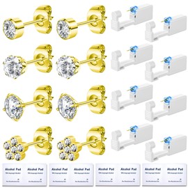 TKKUY 24 Pcs Ear Piercing Kit Disposable Ear Piercing Gun Kit 8 Pcs Self Piercing Gun 8 Pcs Cubic Zirconia Earrings Stud 4 Prong / 6 Prong Setting White Flower Earring Stud Ear Piercer Kit Tool Gold