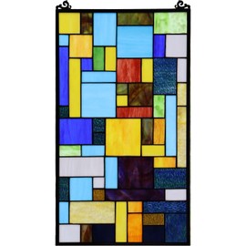 Bieye Geometric Color Block Tiffany Style Stained Glass Window Panel with Hanging Chain (13x24 inches W10090)
