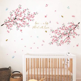 Runtoo Cherry Blossom Wall Decal Flower Tree Branch Wall Art Stickers Living Room Bedroom Wall Décor