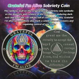 Rainbow Skull 15 Year Sobriety Coin - Grateful I'm Alive AA Coins - Recovery Addiction NA AA Chips and Medallions - 1-10 Years Living Clean Narcotics Alcoholics Anonymous Gifts for Men Women