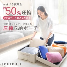 ICHIFUJI Travel Compression Bag, Travel Pouch, Compression Bag, Storage Pouch, Zipper, Business Trip, Travel, Convenient Goods, Compression to Save About 50% of Clothing Space (Set (M/L Set, Navy &