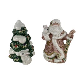 Fitz & Floyd Snowy Woods Salt & Pepper Set - Santa Rabbit Christmas Tree, NIB
