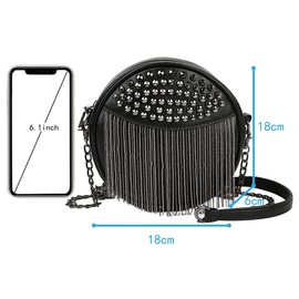 MEGAUK Mini Niet Handtasche Kette Fransen Umhängetasche Cross Body Taschen Elegante Kettentasche Punk Clutch Bag Abendtasche mit Kette Riemen Metall Schultergurt