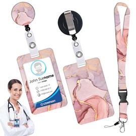 HEOUCH ID Card Holder, ID Card Holder with Strap, Retractable Lanyard Nurse, Removable Neck Lanyard Strap with Badge Reel and Vertical ID Holder (Pink)