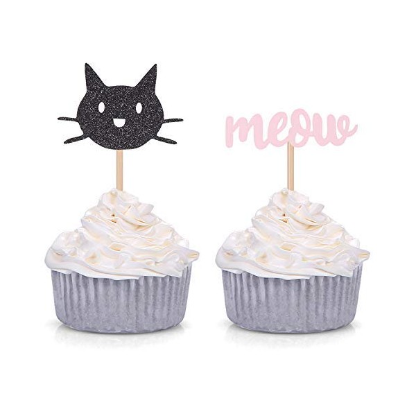 24 Counts Black Cat and Meow Cupcake Toppers Girl's Birthday /Cat Lover / Kitten Party Decorations