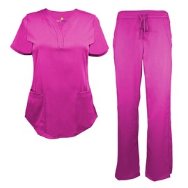 ACTIVE UNIFORMS Women's Scrub Set Stretch and Ultra Soft Y-Neck Medical Scrub Top and Pants (Hot Pink, Small)