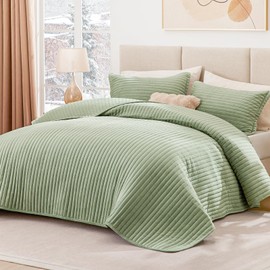 Love's cabin Velvet Quilts for Queen Bedspreads Bedding Set - Luxury Velvet Quilt Lightweight Bedspread - Striped Pattern Comforter Coverlet for All Season - Sage, 3 Piece (1 Quilt, 2 Pillow Shams)