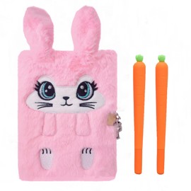 Luolizon Bunny Diary with Lock for Girls,Kids Cute Fuzzy Journal Girls Fluffy Rabbit Notebook Age 8-12 Set with 2 Carrot Pens for Easter Day，Birthday,New Year