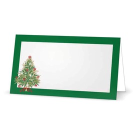 Christmas Tree on Green Place Cards - Tent Style - White Blank Front with Border - Placement Table Name Seating Stationery Party Supplies Occasion Dinner (14, NO Printer Labels)