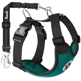 Eyein Dog Harness with Seat Belt for Car, 2 Carabiner Hooks, Connected to Seat Belt Buckle, Children's Safety Seat or Trunk, Adjustable, Breathable Harness (Green, S)