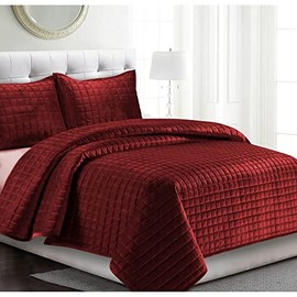 Classic 3-Piece Oversized Velvet Quilt Set | Queen Size, Pretty Burgundy Color | Solid Pattern with Square-Box Stitching. | Durable Christmas & All Season Contemporary Aesthetic Bedding | Soft Feel