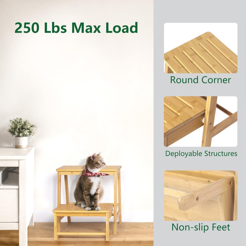 Bamboo Folding Climbing Step Stool, 2 Step Ladder Multi-Functional Stair