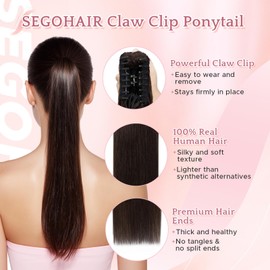SEGOHAIR Human Hair Claw Clip Ponytail Extension 100% Real Human Hair Clip-In Extensions for Women Long Straight Pony Tails 22 Inches 120g #02 Dark Brown
