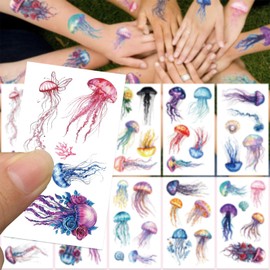 50 Jellyfish Temporary Tattoos Long-Lasting Watercolor Jellyfish Art Tattoos Sticker Ocean Theme Party Tattoos Washable Jellyfish Body Art Ideal for Birthdays and Underwater Celebrations