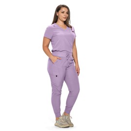 MONARCH UNIFORMS Women's Lavender Solid V-Neck Tuck-In Top & Modern Relaxed Fit Jogger Pants Scrub Set