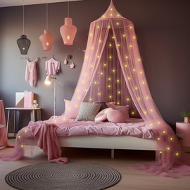 Pink Canopy for Girls Bed with Pre-Glued Glow in The Dark Stars - Princess Mosquito Net Room Decor - Kids & Baby Bedroom Tent with Galaxy Lights - 1 Opening Canopy Bed & Hanging Kit Included