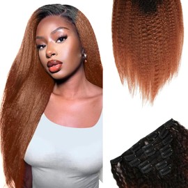 SIYUSI Kinky Straight Clip In Extensions, 100% Brazilian Remy Human Hair Clip Ins, Scalp-Friendly Invisible Clips, Chocolate Brown Ombre, 3.52oz, 7Pcs (18 Inch)
