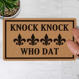 LuckyChu Welcome Door Mat Knock Knock Who Dat Fleur Outdoor Indoor Entrance, Low-Profile Floor Mats Non Slip Durable Entrance Rugs for Entry, Patio, High Traffic Areas Front Door, 17" x 29.5"