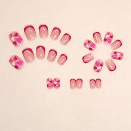 Valentines Day Press on Nails Short Square Fake Nails Pink French Tip False Nails Heart Stick on Nails Pink Nail Tip Cute Artificial Nails Full Cover Glossy Glue on Nails for Women Valentine Manicure