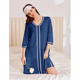 Ekouaer Zipper Robes for Women 3/4 Sleeves Lightweight House Coat Zip Up Bathrobe Soft Nightgown with Pockets (Navy, Small)