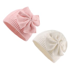 XIAOHAWANG Baby Girl Winter Hat Cute Bow Baby Beanie Warm Knitted Hats for Infant Toddler Girls (M, White+Pink)