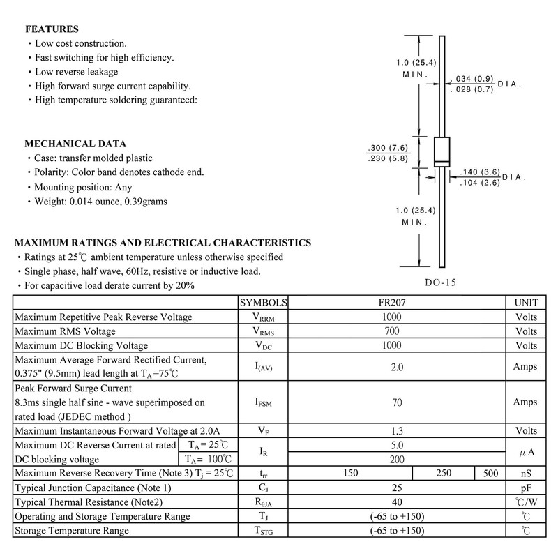 ALLECIN FR207 Diode Quick Recovery 2A 1000V 207 Axial DO-15