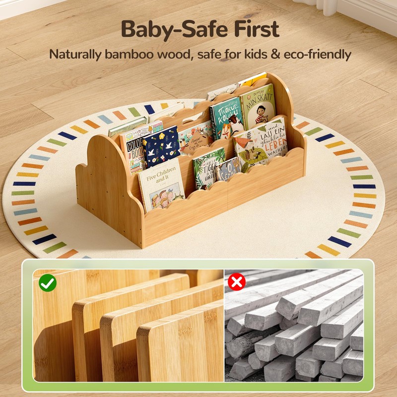 Bamboo Kids Bookshelf with Handles, 4-Tier Double-Sided