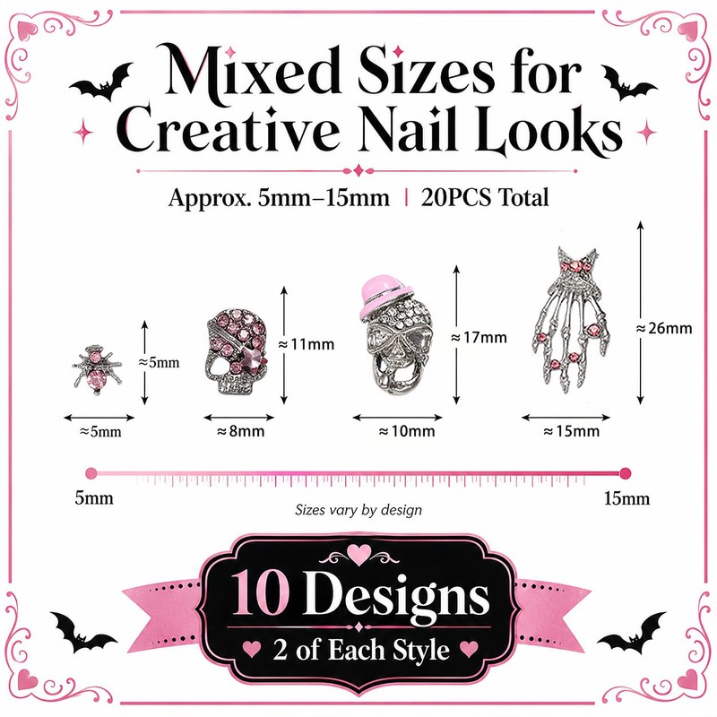 Pink Halloween Nail Art Charms, 3D Gothic Nail Rhinestone with