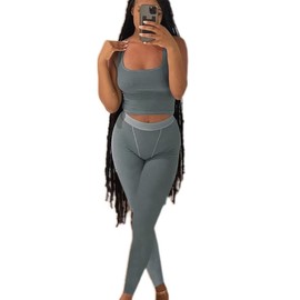 AYWA Casual Workout Sets Two Piece Outfits for Women Ribbed Crop Tank Top High Waist Leggings Active Wear, Blue Grey, XL