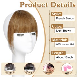 Wirctp Bangs Hair Clip in Bangs 100% Real Human Hair Extensions For Women French Bangs Fringe with Temples Clip On Hairpieces Fake Bangs For Daily Wear（Light Brown）