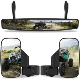UTV Offroad Side Mirror And Center Mirror with 1.75" to 2" Roll Bar Cage Mount Adjustable Rear View Mirrors Compatible With Polaris RZR Honda Pioneer Yamaha Rhino Can-Am Maverick Commander