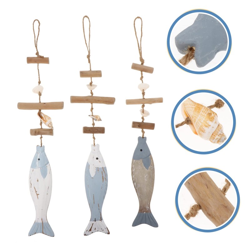 Ciieeo 3Pcs Mediterranean Wood Fish Hanging Pendant Sculpture Nautical Decor