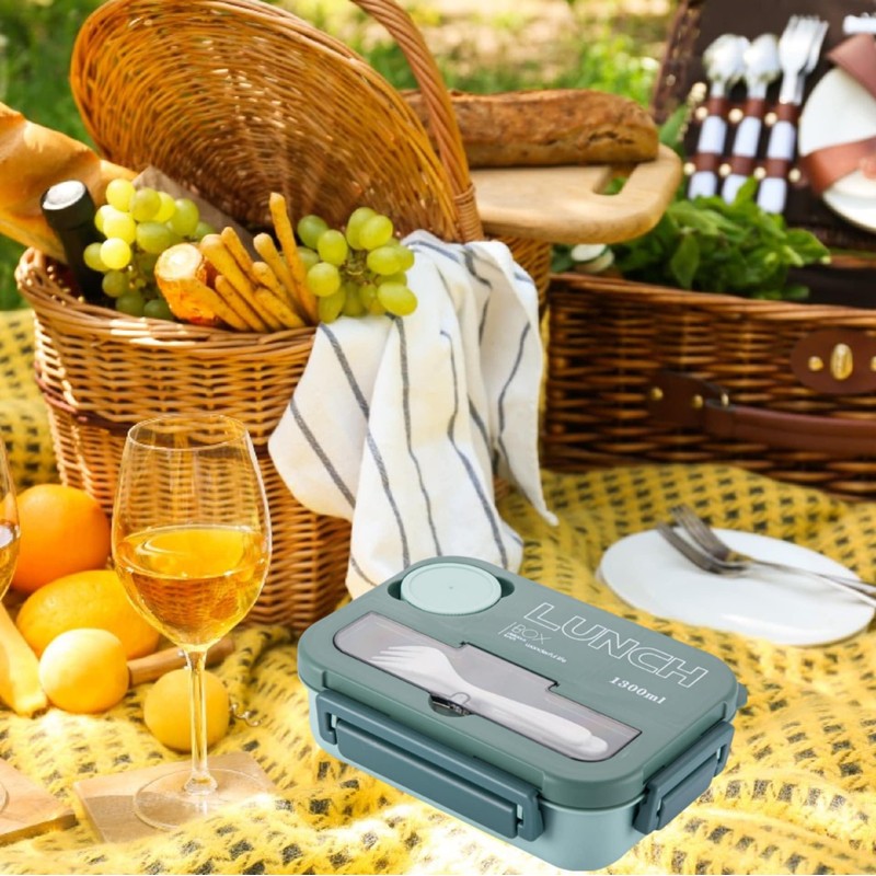 1.3L 4 Compartment Insulated Portable Plastic Bento Lunch Box, Microwaveable,