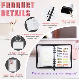 KEIFIN Press On Nail Storage Organizer Binder with 8 Insert Pages - A5 Size Reusable Fake Nail Swatch Collecting Book Polish Color Display Holder Container with Tape and Zipper Pocket (BLACK)