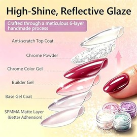 SXVME Uñas postizas cortas ovaladas rojas cromadas, 32 piezas de uñas postizas gruesas y bonitas con acabado brillante y diseño de espejo, uñas almend