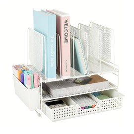 LEKETREE Desk Organizer, Office Organization with Vertical File Holder, File Organizer with Drawer and Pen Holder, Desk Accessories and Workspace Organizers for Home Office (White)
