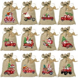 BORAMDO Christmas Burlap Gift Bags with Drawstrings 24Pcs, Watercolor 12 Designs Christmas Red Truck Linen Wrapping Bags, Small Christmas Treat Candy Bags for Holiday Party Favor Supplies…