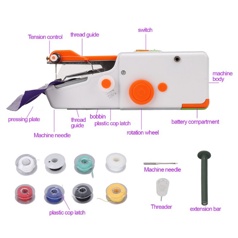 Handheld Sewing Machine Orange Portable Mini DIY Ergonomic Handle Electric